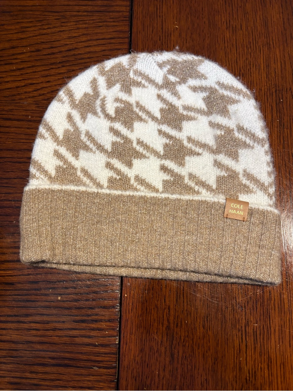 Cole Haan Kids Tan & White Houndstooth Knit Beanie